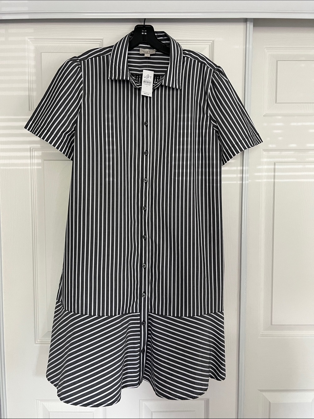 LOFT Black and White Striped Button-Up Shirt Dress